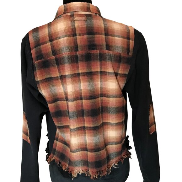 Cropped Plaid Shirt, Size Small: Black Brown Sweatshirt Jacket, Upcycled Grunge - Picture 2 of 10
